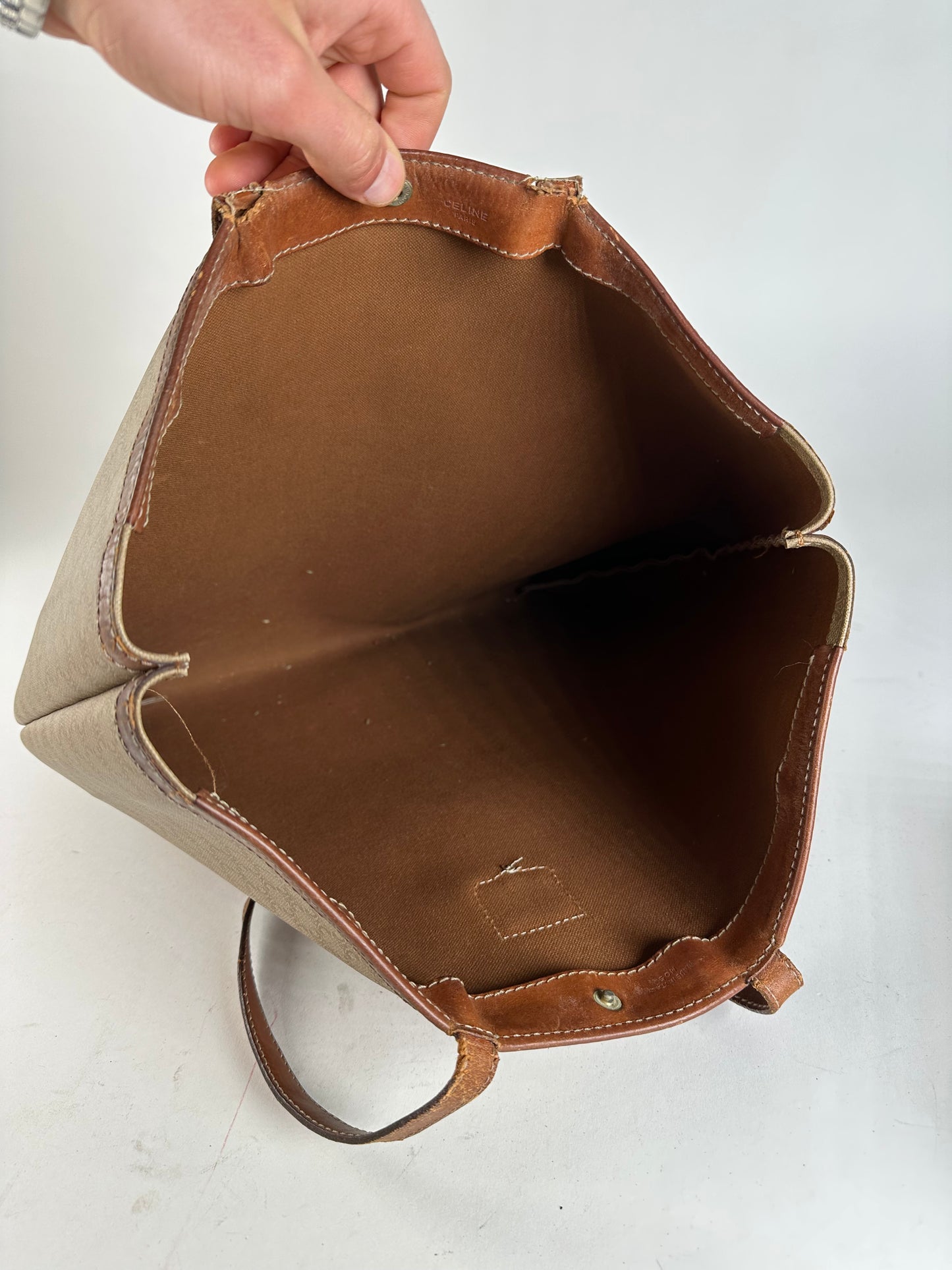 Vintage Celine Paris Triomphe Monogram Canvas Leather Tote Bag Beige Brown