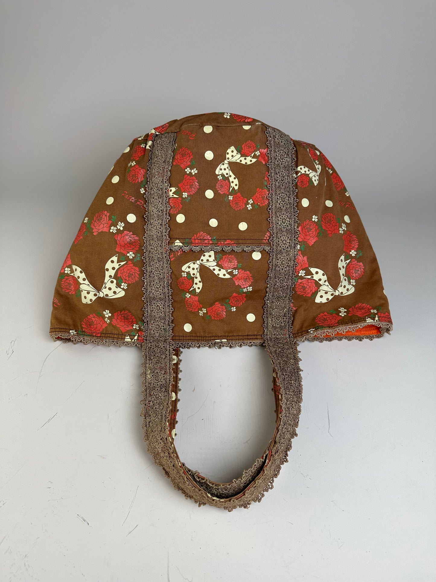Vintage Pucci Rose Print Polka Dot Fabric Tote Brown Red
