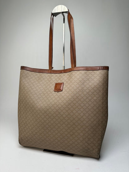 Vintage Celine Paris Triomphe Monogram Canvas Leather Tote Bag Beige Brown