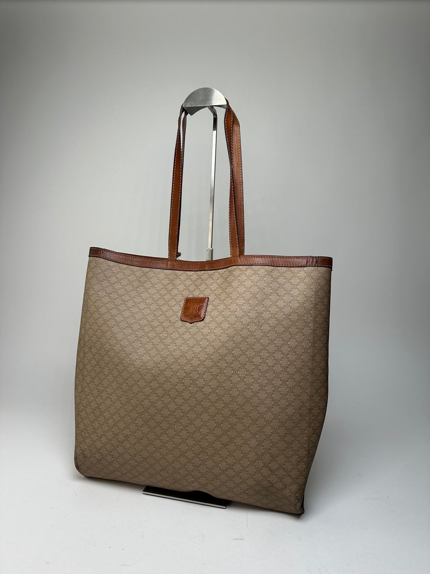 Vintage Celine Paris Triomphe Monogram Canvas Leather Tote Bag Beige Brown