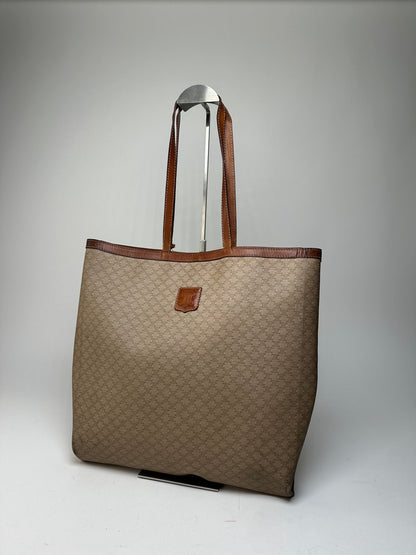 Vintage Celine Paris Triomphe Monogram Canvas Leather Tote Bag Beige Brown