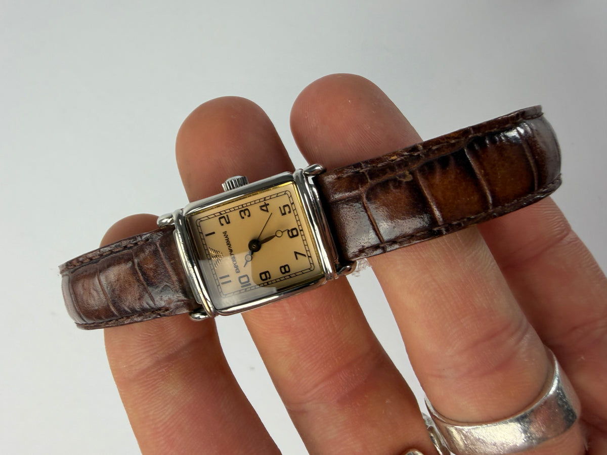 Vintage Giorgio Armani Rectangle Watch Crocodile-Effect Leather Late 1990s