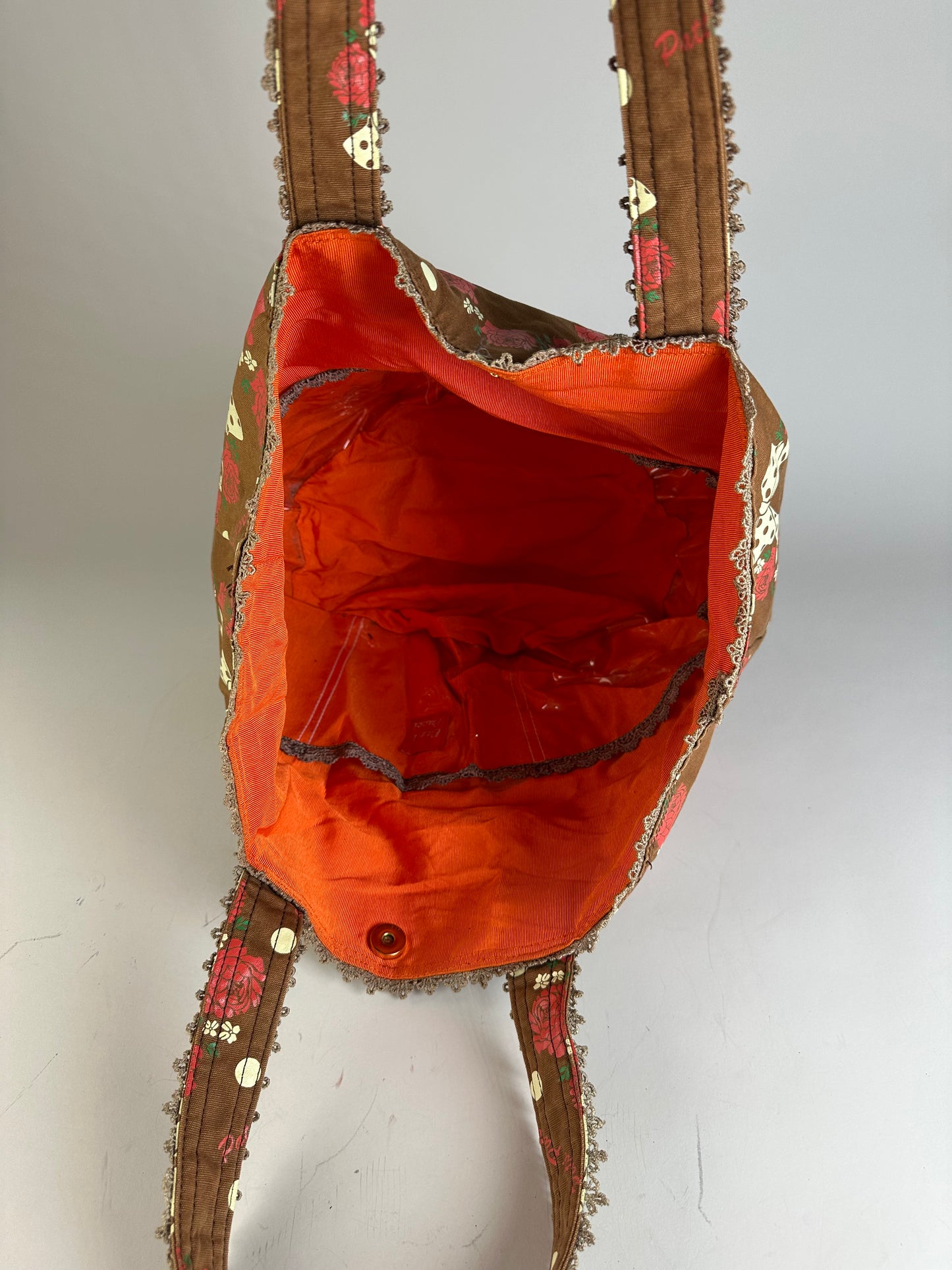 Vintage Pucci Rose Print Polka Dot Fabric Tote Brown Red