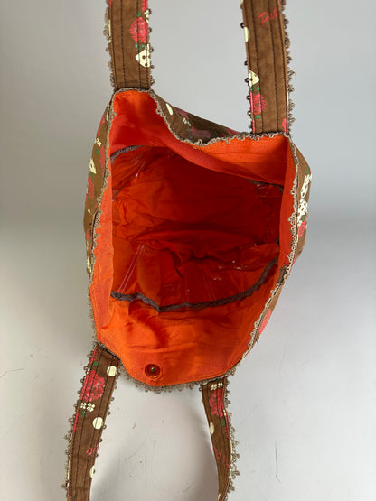 Vintage Pucci Rose Print Polka Dot Fabric Tote Brown Red