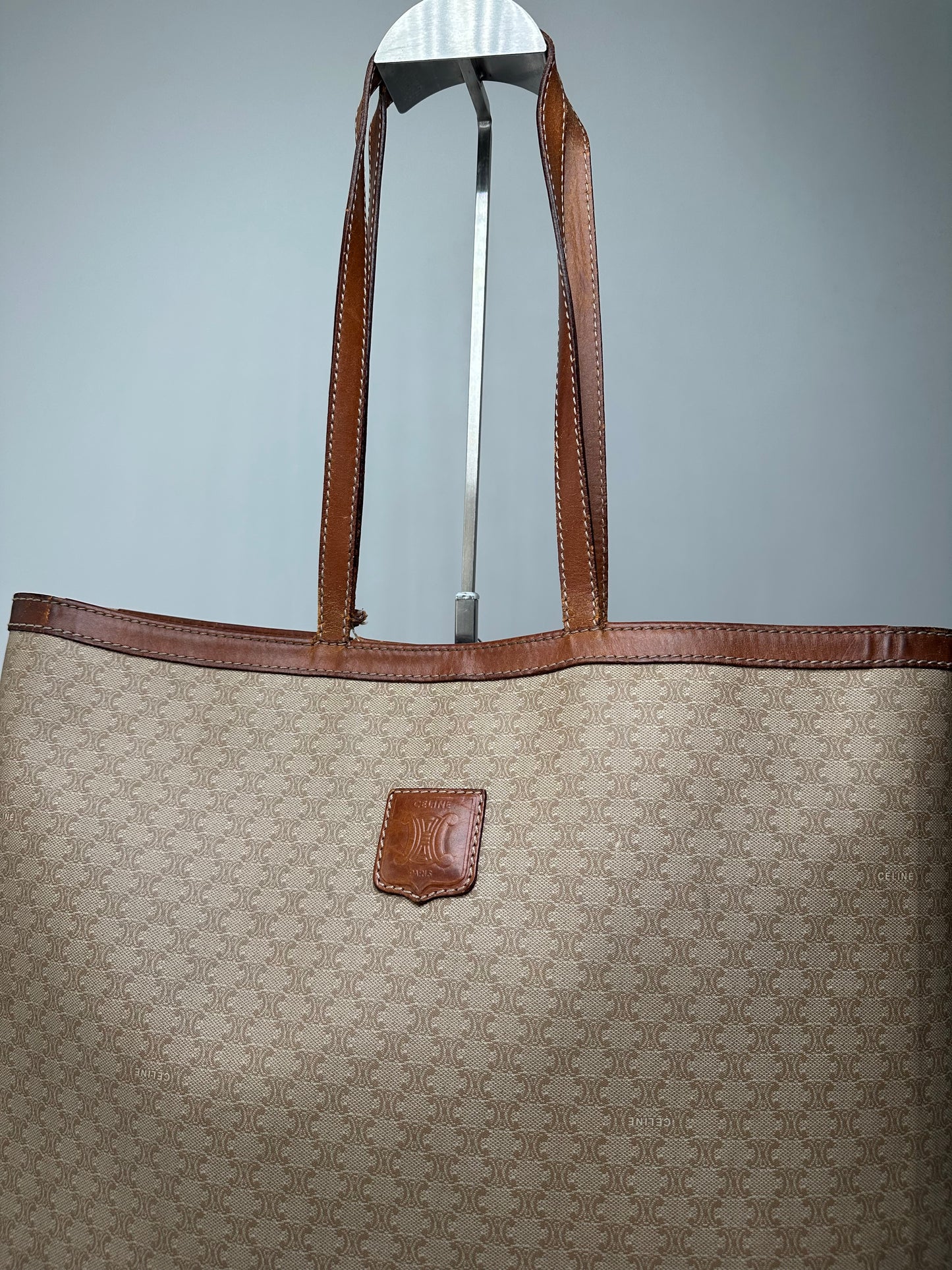 Vintage Celine Paris Triomphe Monogram Canvas Leather Tote Bag Beige Brown