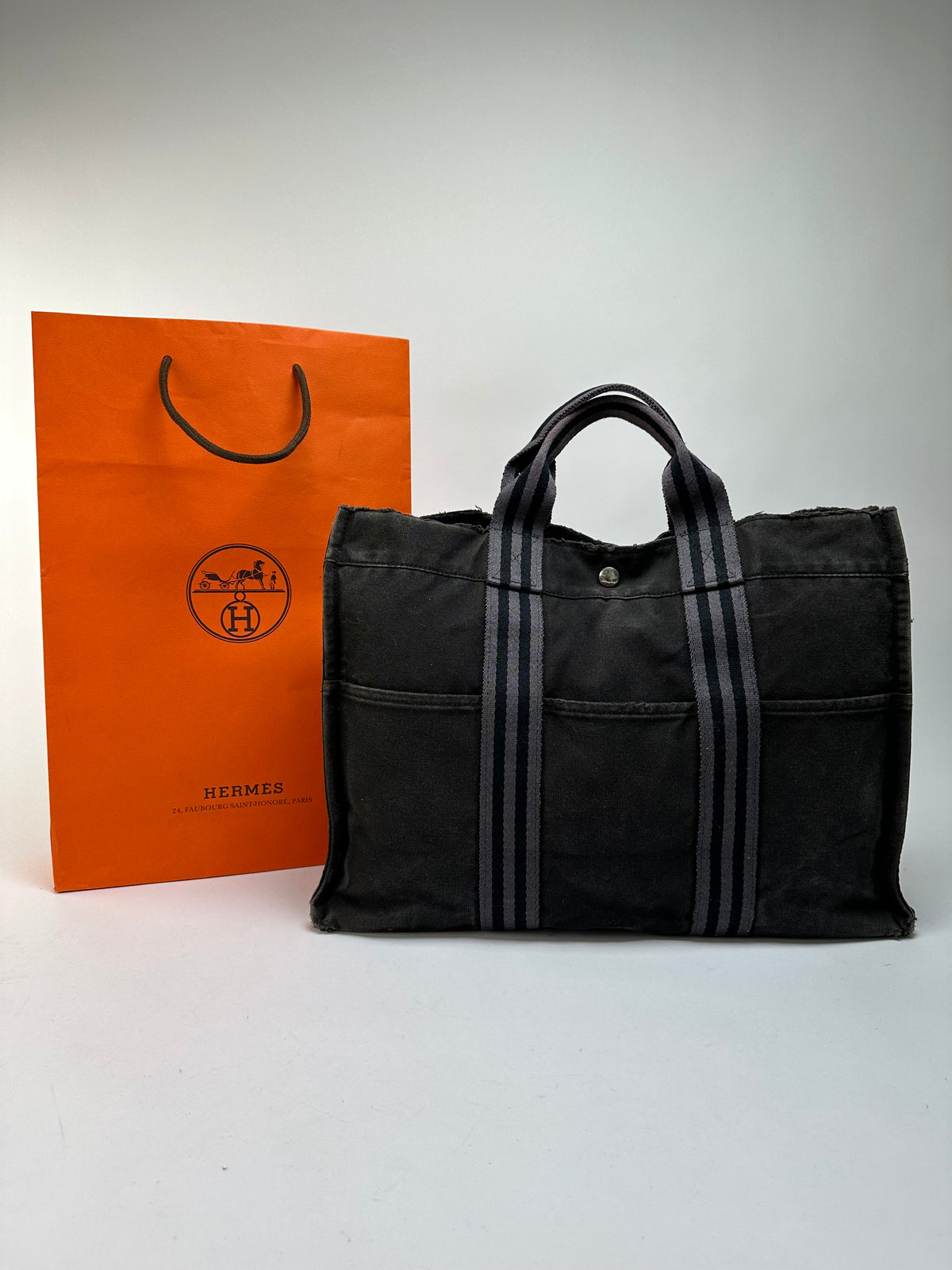 Vintage Hermès Canvas Tote Black Grey Silver