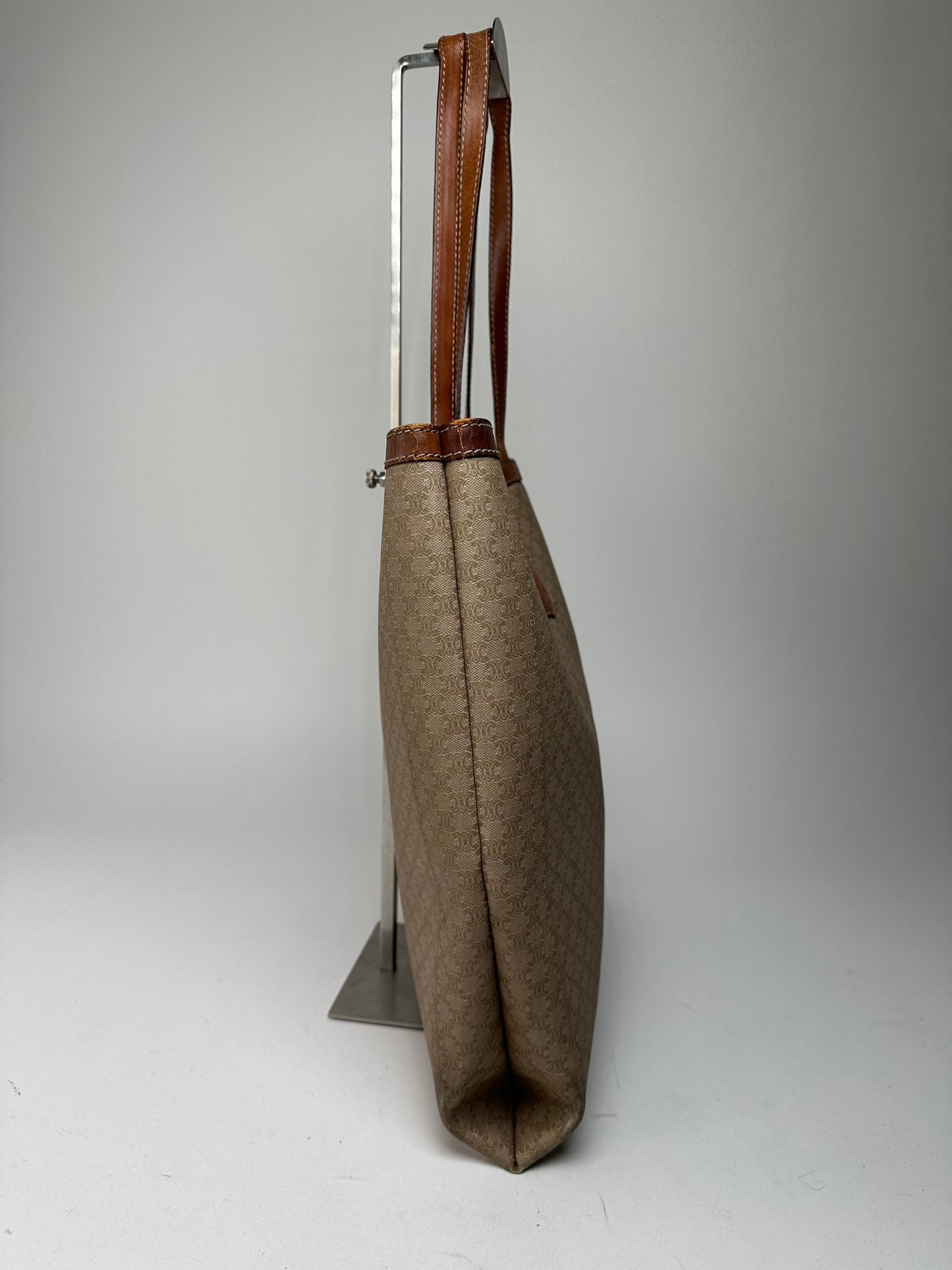 Vintage Celine Paris Triomphe Monogram Canvas Leather Tote Bag Beige Brown