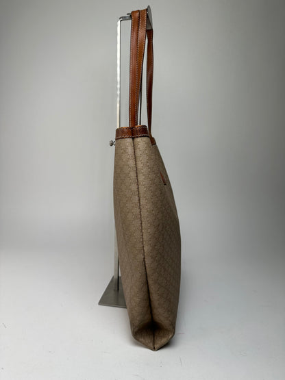 Vintage Celine Paris Triomphe Monogram Canvas Leather Tote Bag Beige Brown
