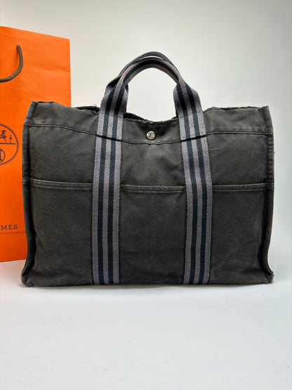 Vintage Hermès Canvas Tote Black Grey Silver