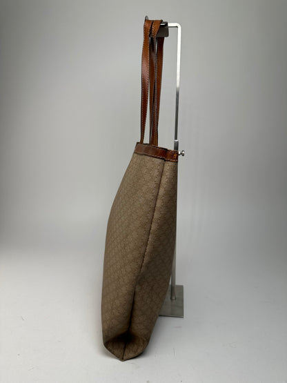 Vintage Celine Paris Triomphe Monogram Canvas Leather Tote Bag Beige Brown