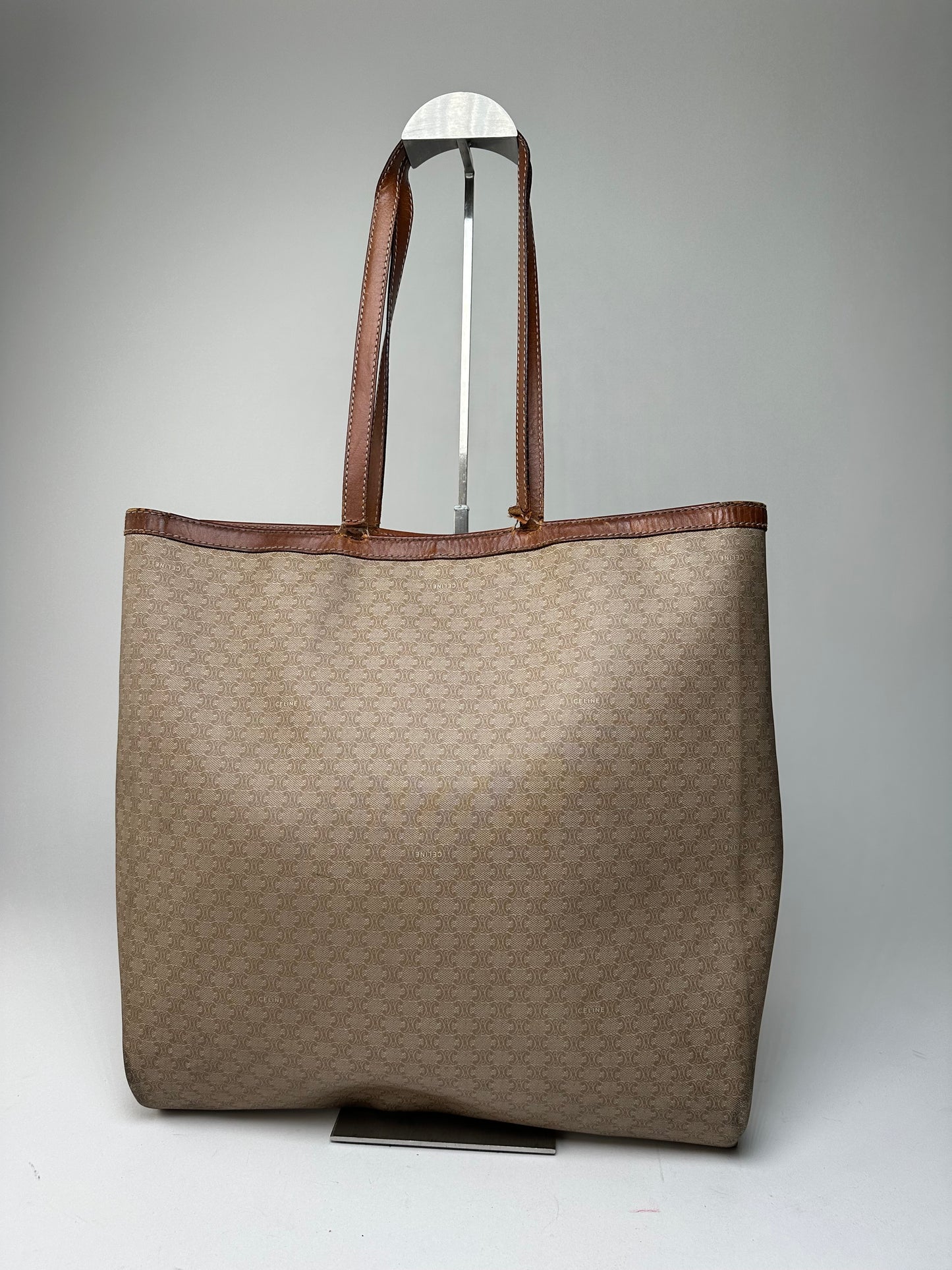 Vintage Celine Paris Triomphe Monogram Canvas Leather Tote Bag Beige Brown