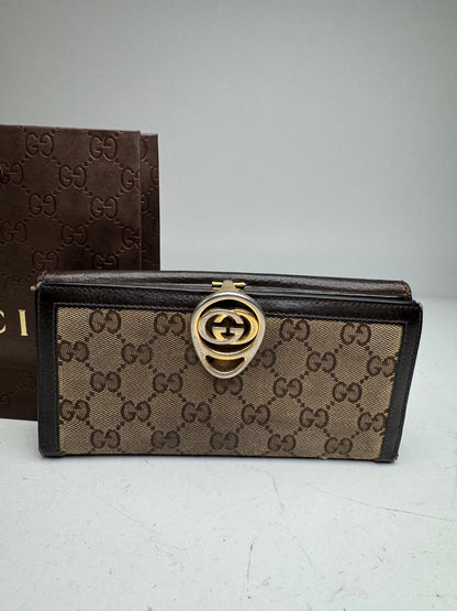 Vintage Gucci GG Monogram Leather Wallet Beige Brown