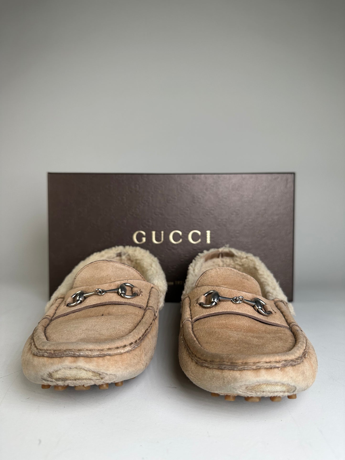 Vintage Gucci Shearling Lined Suede Slippers Beige Cream EU37