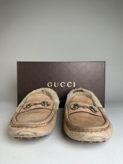Vintage Gucci Shearling Lined Suede Slippers Beige Cream EU37