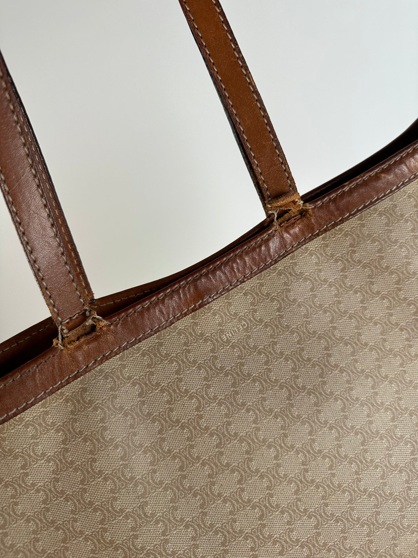 Vintage Celine Paris Triomphe Monogram Canvas Leather Tote Bag Beige Brown