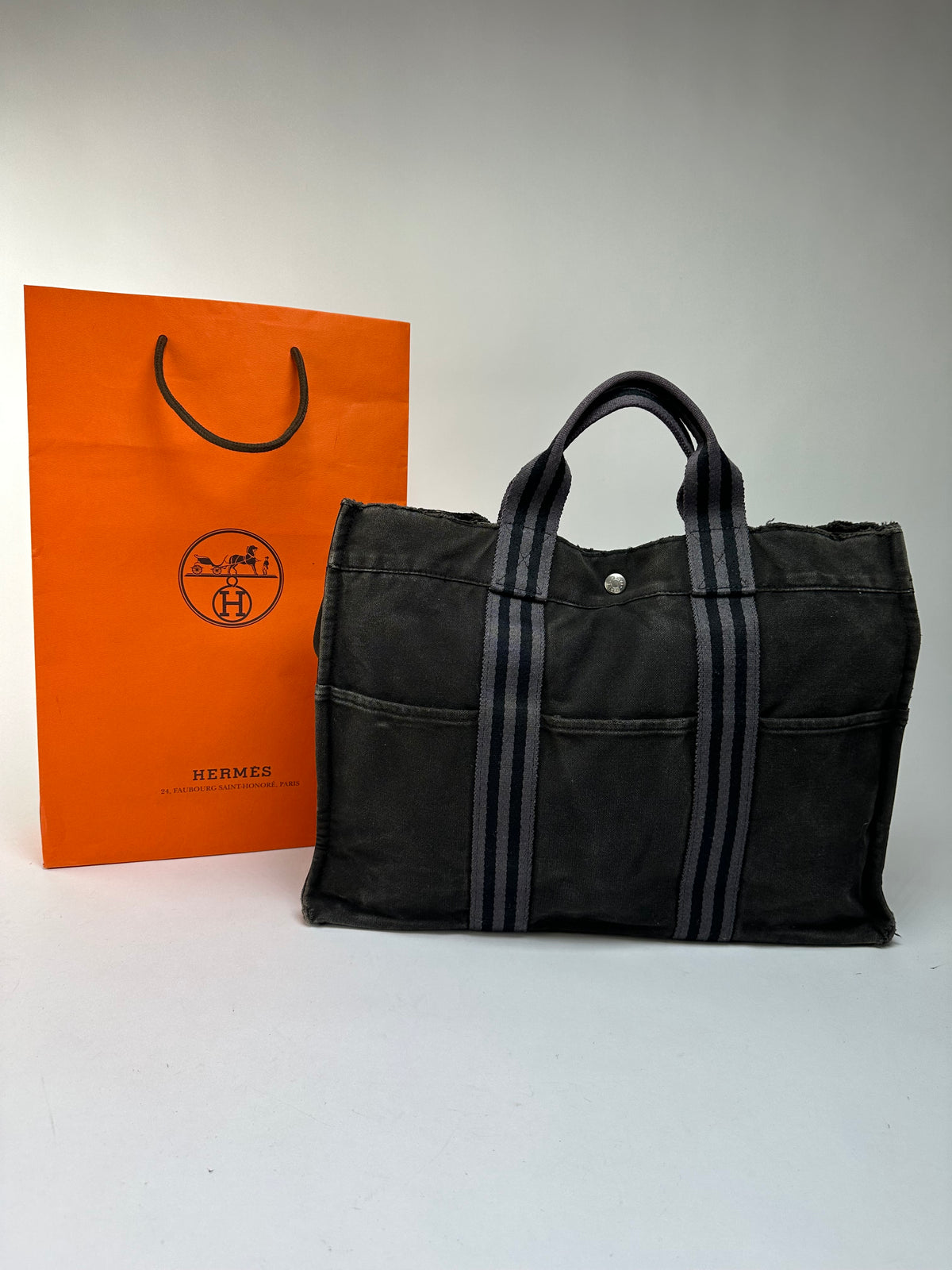 Vintage Hermès Canvas Tote Black Grey Silver