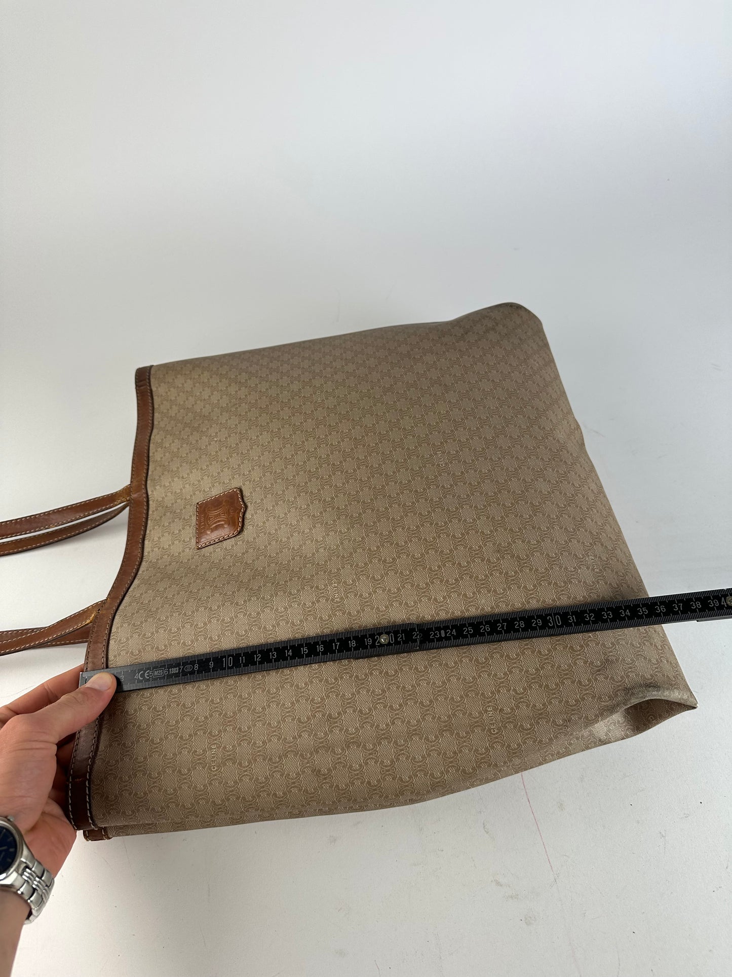 Vintage Celine Paris Triomphe Monogram Canvas Leather Tote Bag Beige Brown