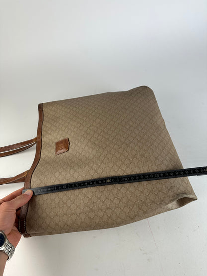 Vintage Celine Paris Triomphe Monogram Canvas Leather Tote Bag Beige Brown