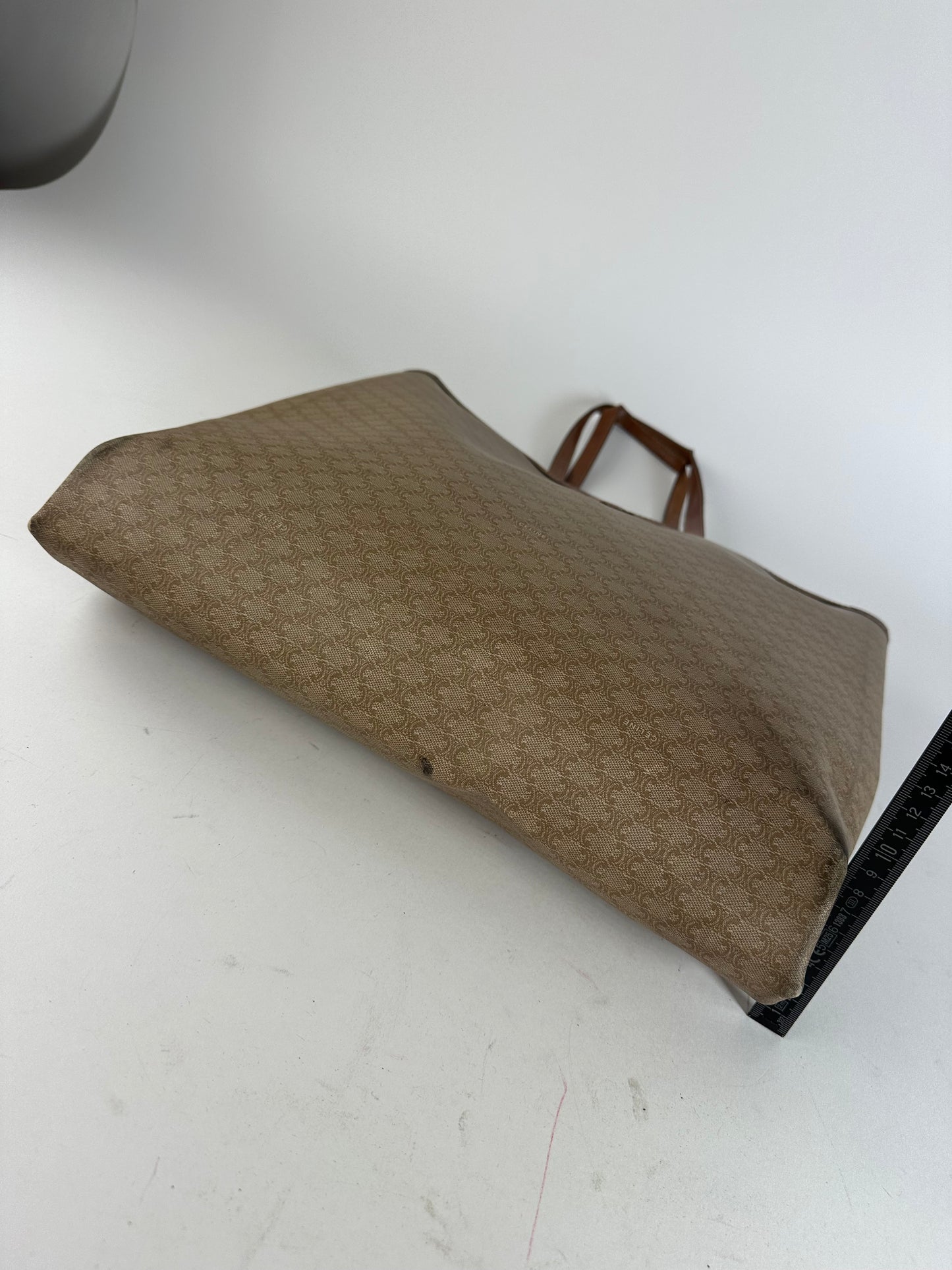 Vintage Celine Paris Triomphe Monogram Canvas Leather Tote Bag Beige Brown