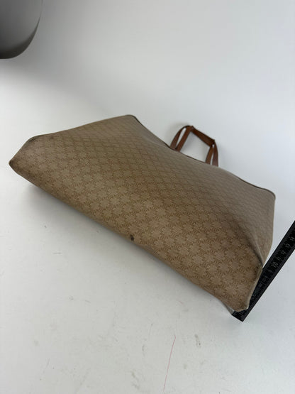 Vintage Celine Paris Triomphe Monogram Canvas Leather Tote Bag Beige Brown