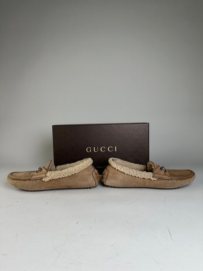 Vintage Gucci Shearling Lined Suede Slippers Beige Cream EU37