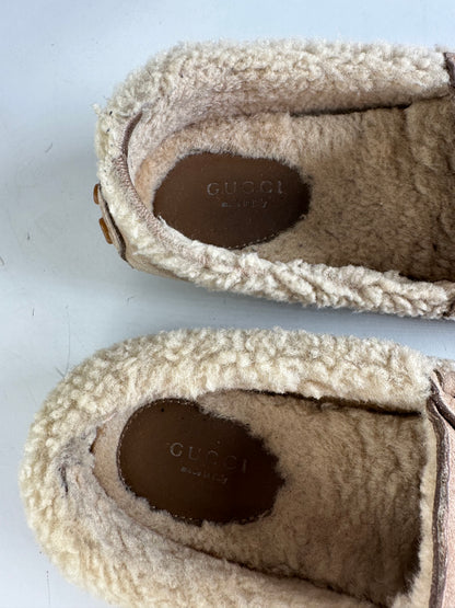 Vintage Gucci Shearling Lined Suede Slippers Beige Cream EU37