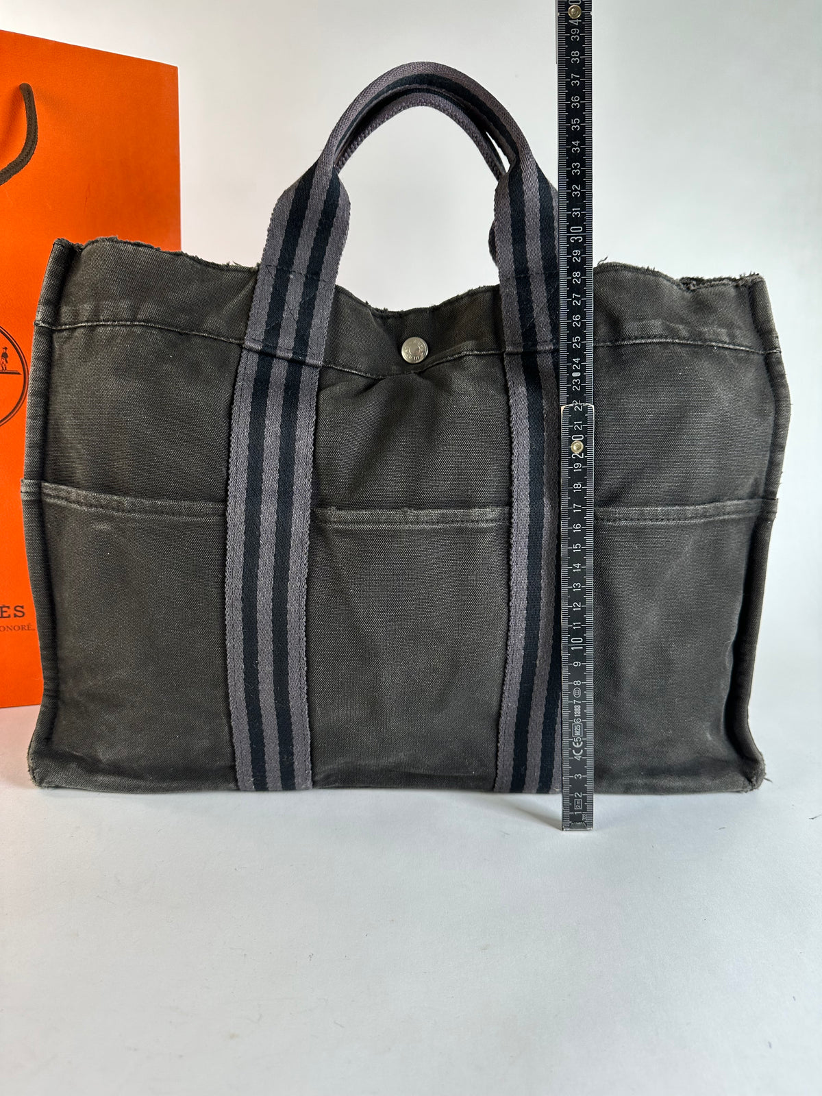 Vintage Hermès Canvas Tote Black Grey Silver