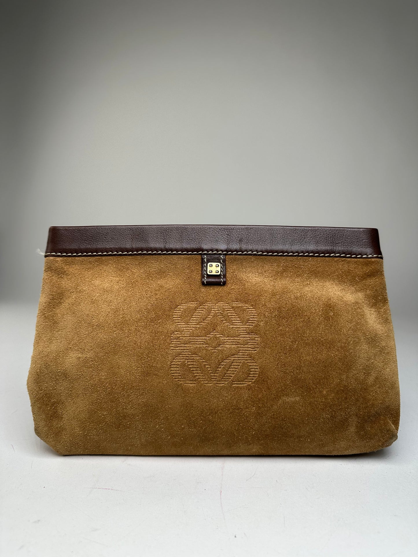 Vintage Loewe Madrid Suede Leather Anagram Clutch Camel Brown