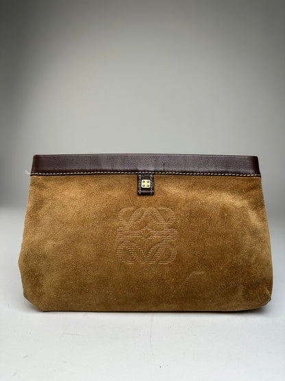 Vintage Loewe Madrid Suede Leather Anagram Clutch Camel Brown