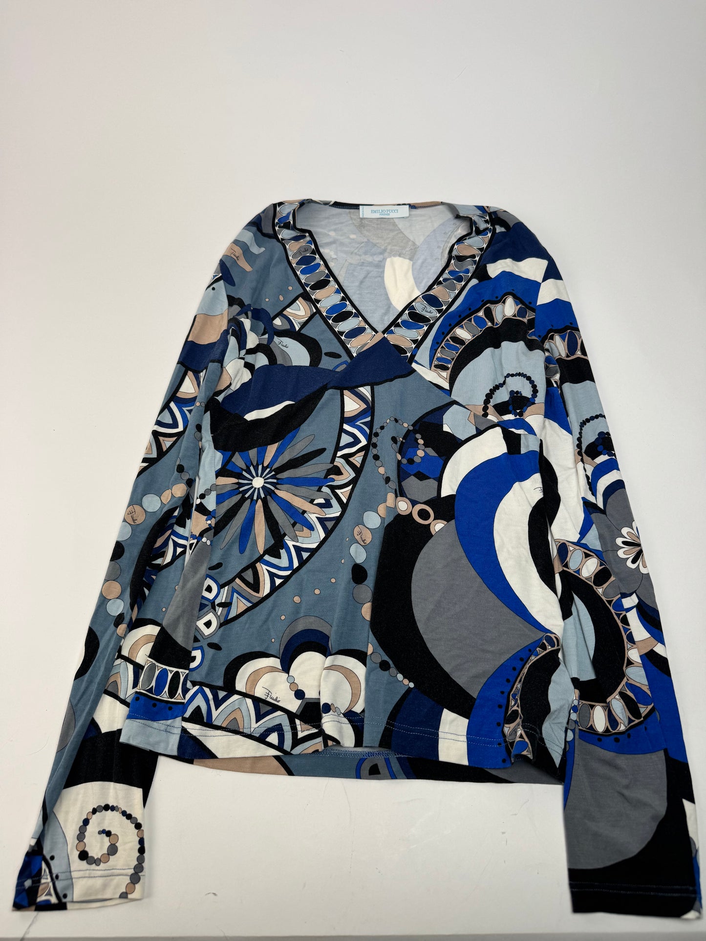 Vintage Emilio Pucci Abstract V Neck Viscose Sweater Blue 38/M