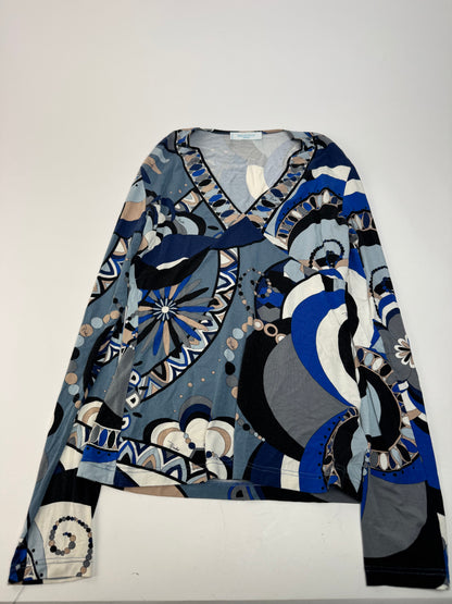 Vintage Emilio Pucci Abstract V Neck Viscose Sweater Blue 38/M