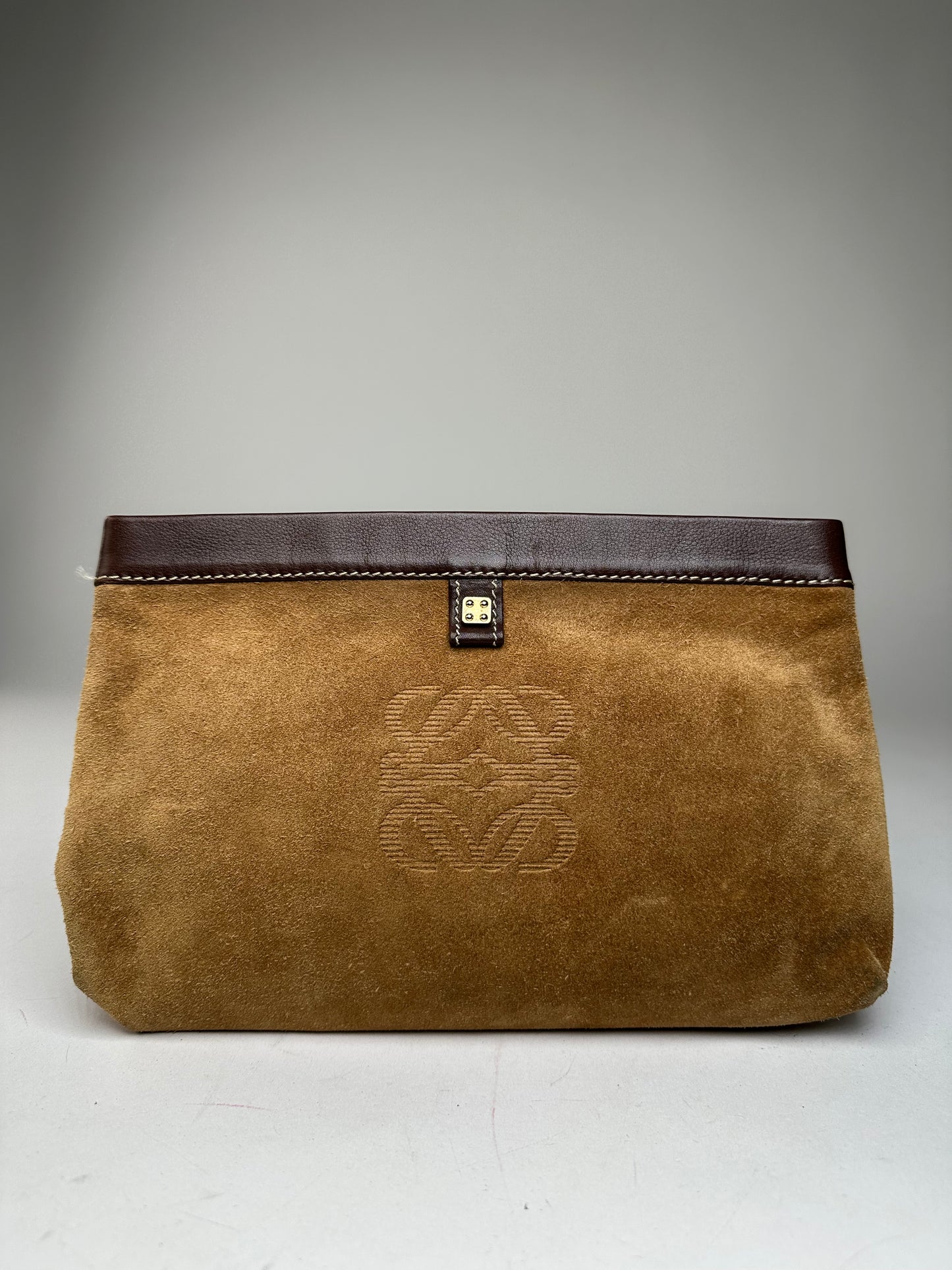 Vintage Loewe Madrid Suede Leather Anagram Clutch Camel Brown