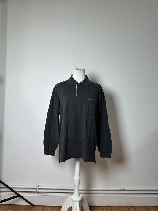 Vintage Burberry Men's Cotton Long Sleeve Polo Shirt Charcoal Grey M