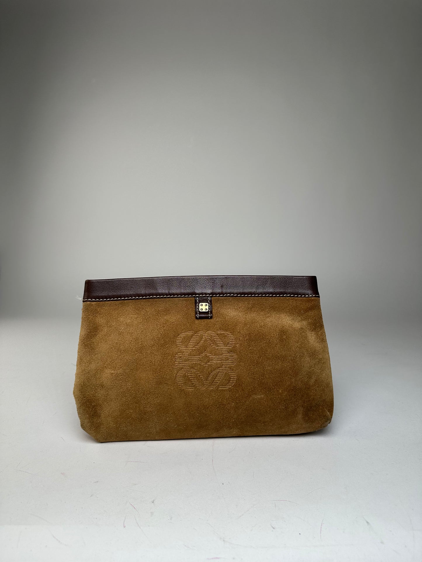 Vintage Loewe Madrid Suede Leather Anagram Clutch Camel Brown