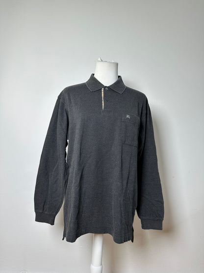 Vintage Burberry Men's Cotton Long Sleeve Polo Shirt Charcoal Grey M