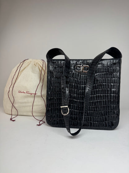 Vintage Salvatore Ferragamo Crocodile Emblossed Leather Bag Black