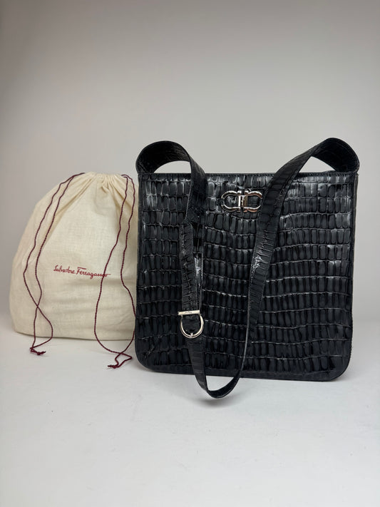 Vintage Salvatore Ferragamo Crocodile Emblossed Leather Bag Black