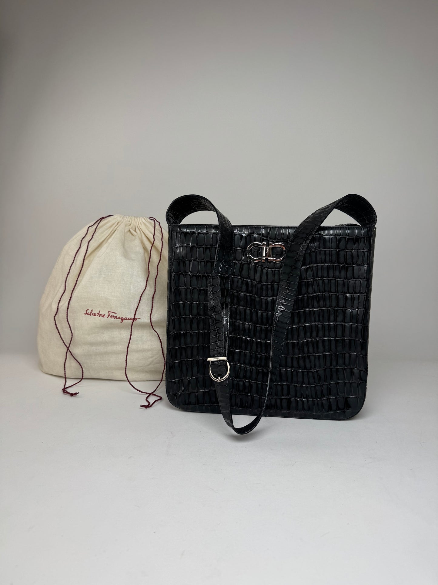 Vintage Salvatore Ferragamo Crocodile Emblossed Leather Bag Black