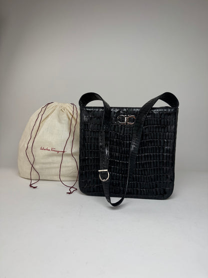 Vintage Salvatore Ferragamo Crocodile Emblossed Leather Bag Black