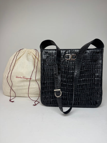 Vintage Salvatore Ferragamo Crocodile Emblossed Leather Bag Black