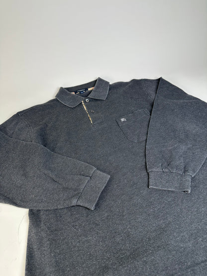 Vintage Burberry Men's Cotton Long Sleeve Polo Shirt Charcoal Grey M