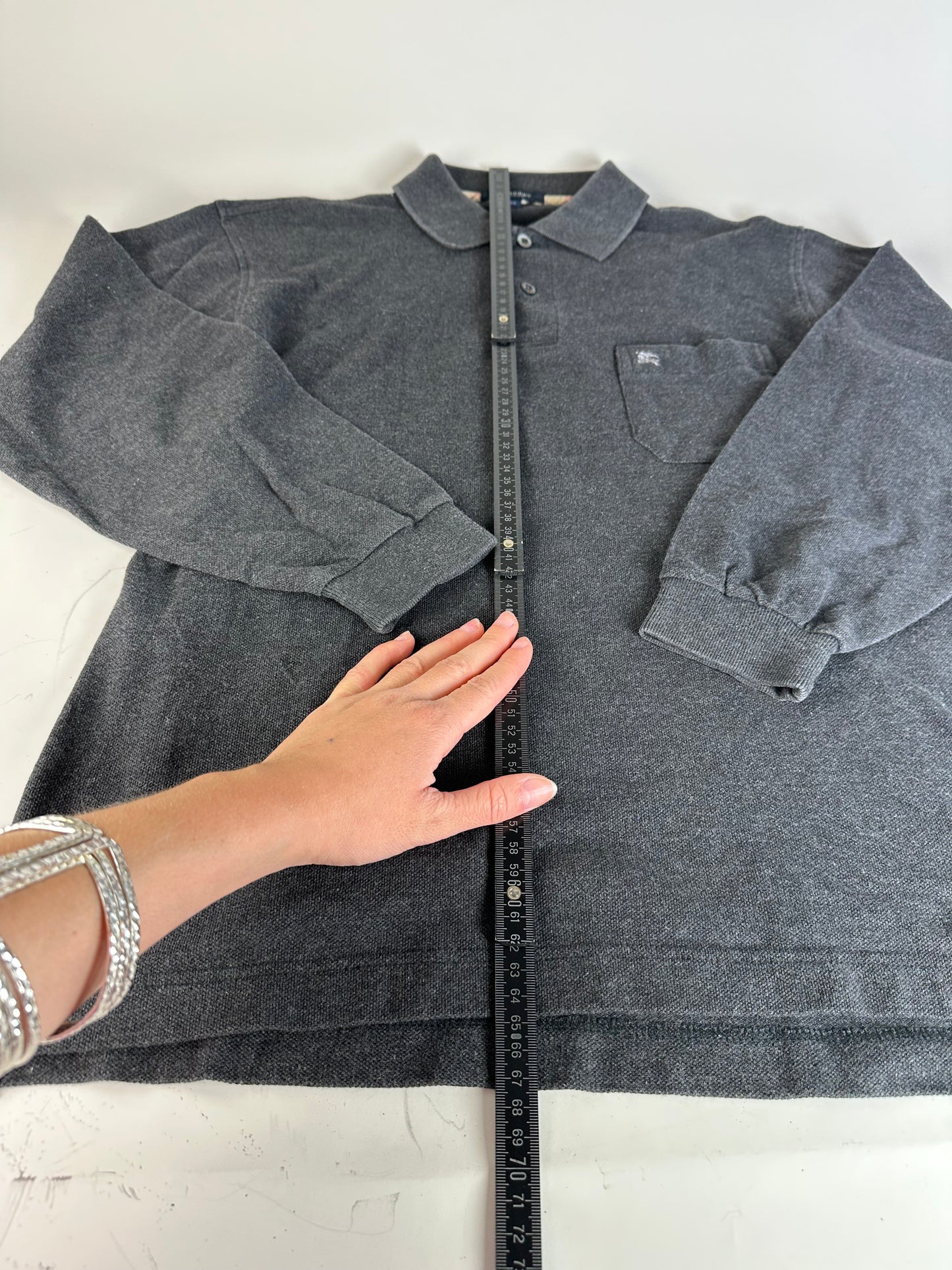 Vintage Burberry Men's Cotton Long Sleeve Polo Shirt Charcoal Grey M