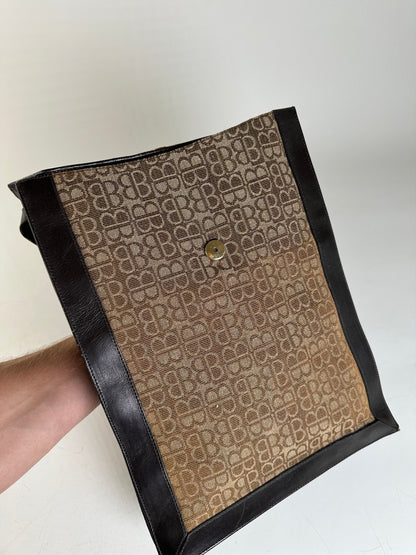 Vintage Balenciaga BB Monogram Canvas Tote Tan Brown