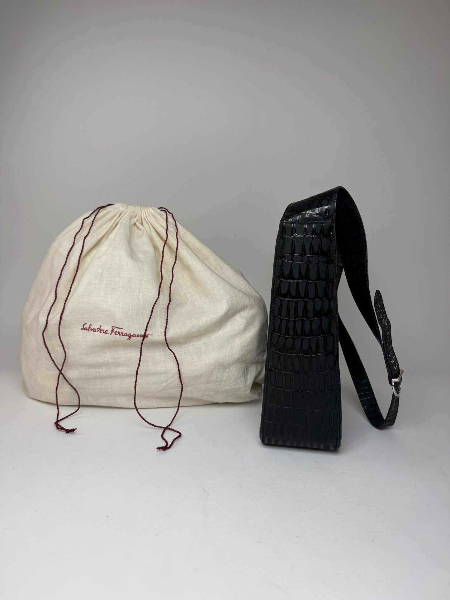 Vintage Salvatore Ferragamo Crocodile Emblossed Leather Bag Black