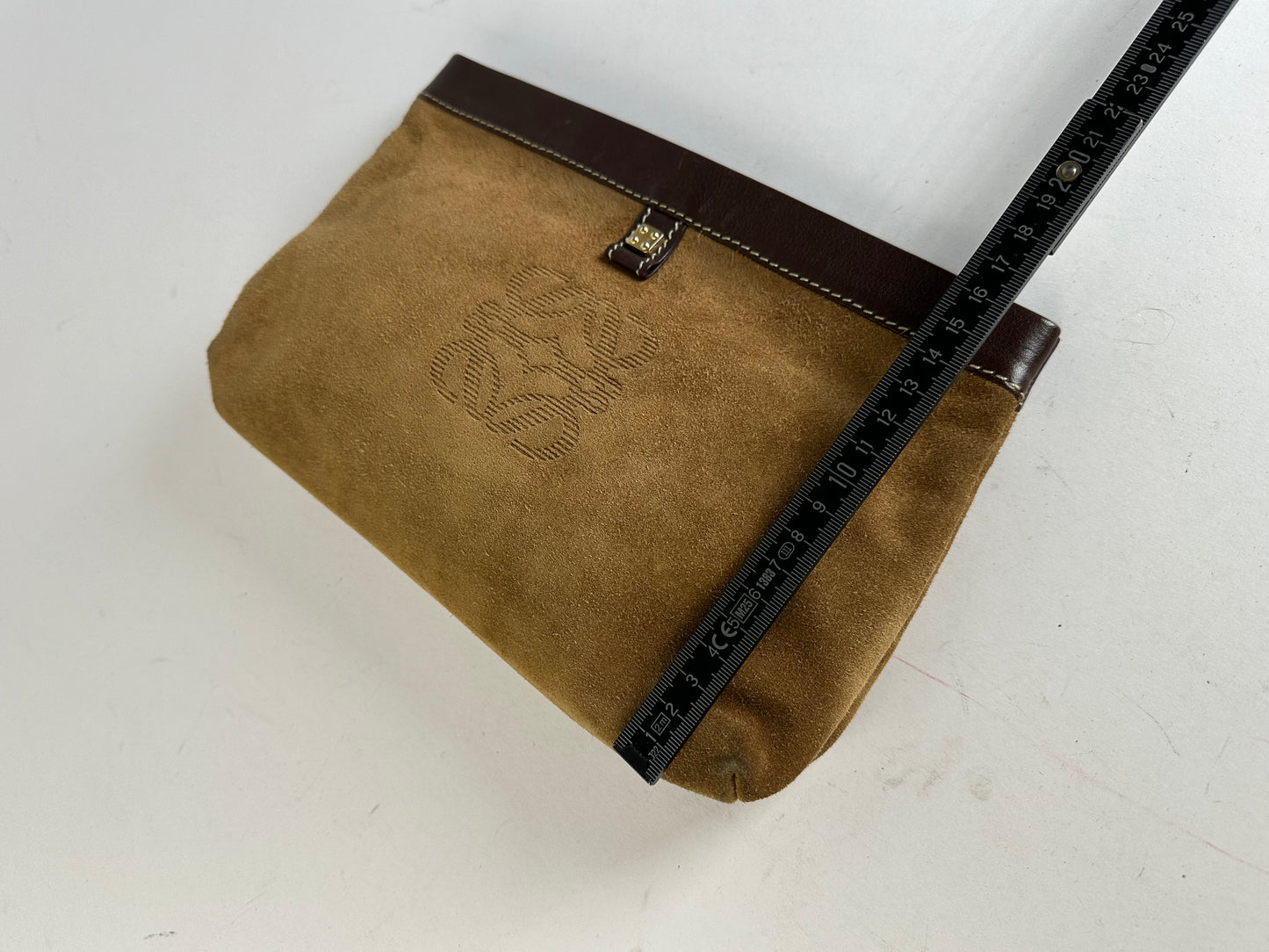 Vintage Loewe Madrid Suede Leather Anagram Clutch Camel Brown