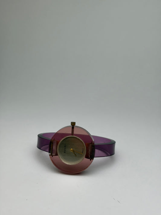 Vintage Gucci Plastic Bangle Watch c. Late 1970s Pink Purple