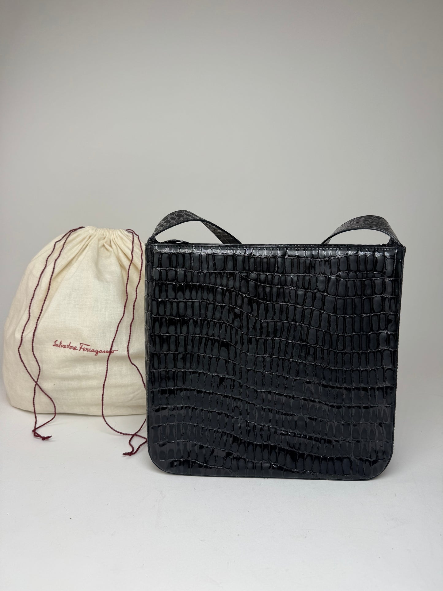 Vintage Salvatore Ferragamo Crocodile Emblossed Leather Bag Black