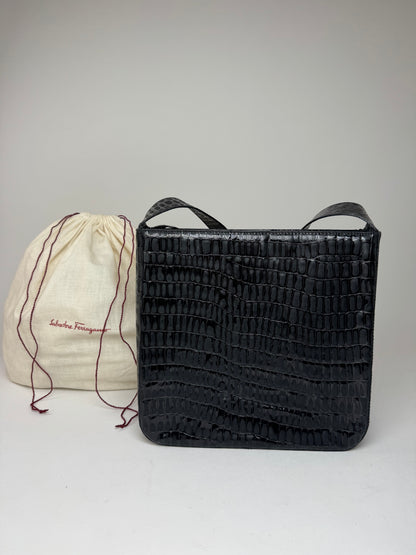 Vintage Salvatore Ferragamo Crocodile Emblossed Leather Bag Black