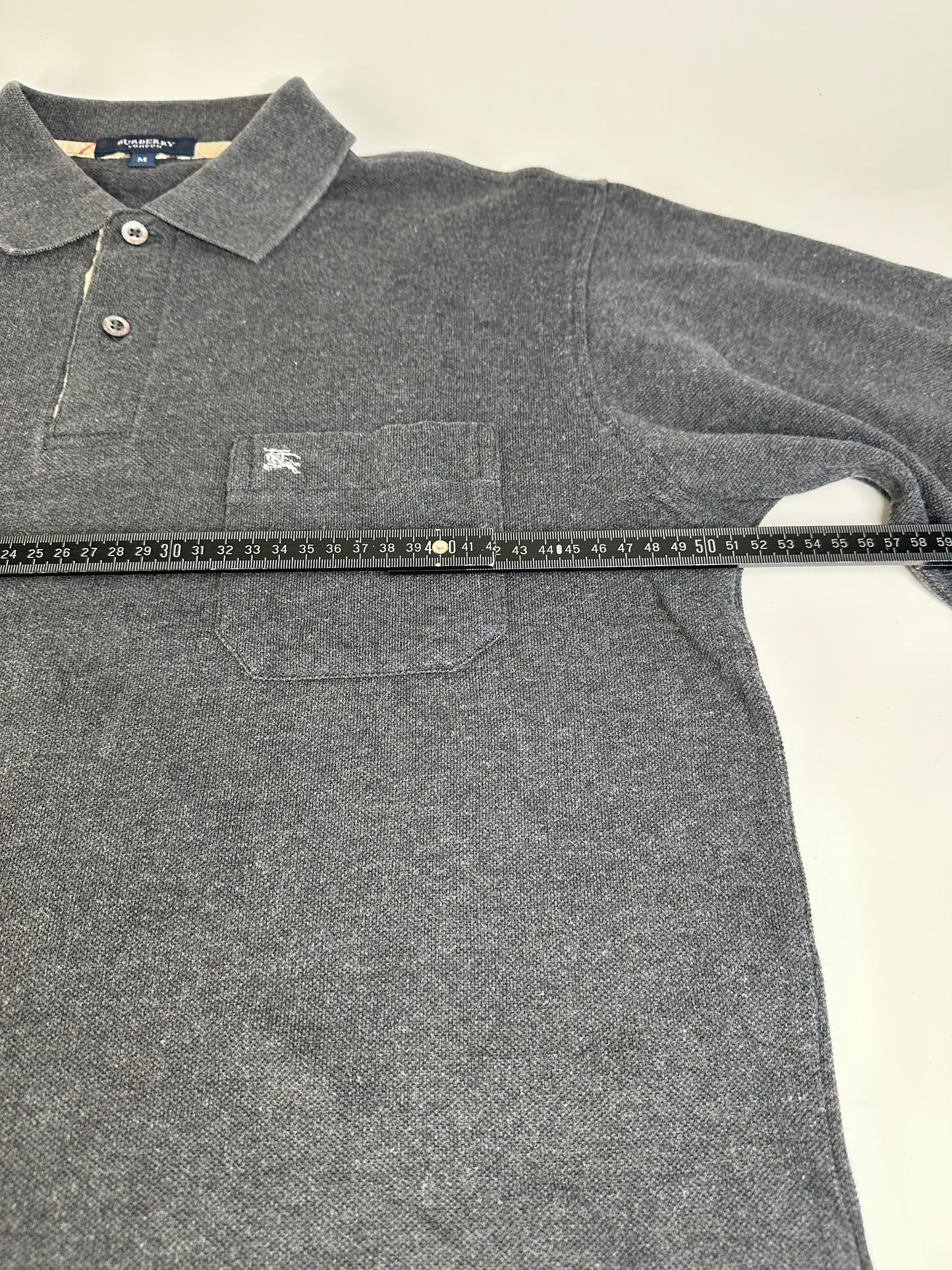 Vintage Burberry Men's Cotton Long Sleeve Polo Shirt Charcoal Grey M