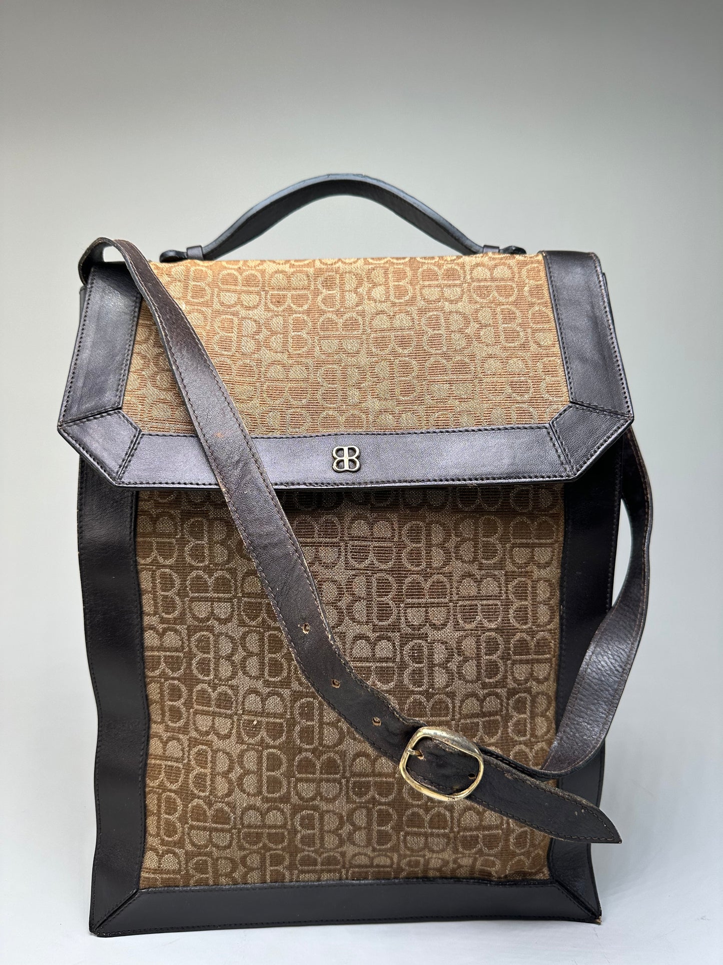Vintage Balenciaga BB Monogram Canvas Tote Tan Brown